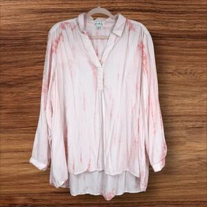 Women’s Plus Size 1X Pink Tye Dye, Hi/Lo Lightweight Long-sleeved Tunic Popover